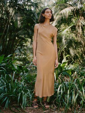 ZARA WOMAN ASYMMETRIC SATIN MIDI DRESS GOLD APPLIQUÉ-FRONT BRONZE 9878/158 NWT